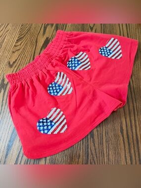 Fantastic Fawn Medium Red Athletic Shorts with Flag Heart Appliqués